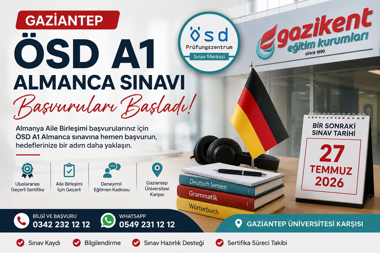 Gaziantep ÖSD A1 Almanca Sınav Başvurusu | 27 Temmuz 2026 | Gazikent Eğitim Kurumları