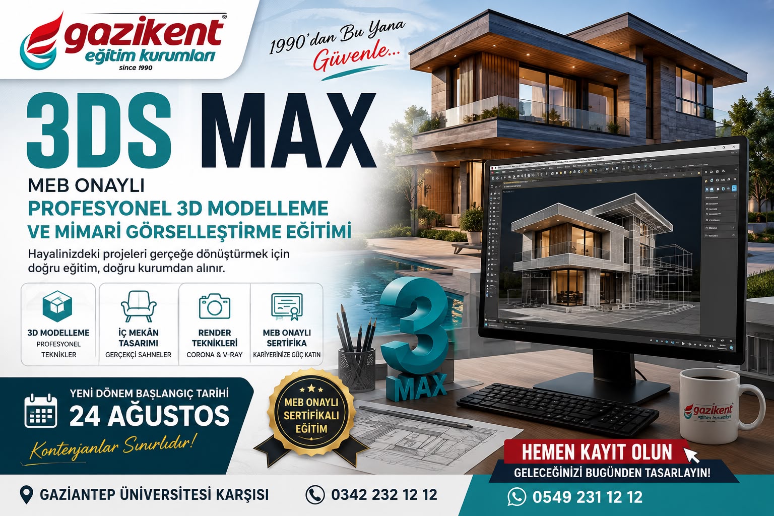 Gaziantep 3Ds Max Kursu | MEB Onaylı Profesyonel 3D Modelleme ve Mimari Görselleştirme Eğitimi