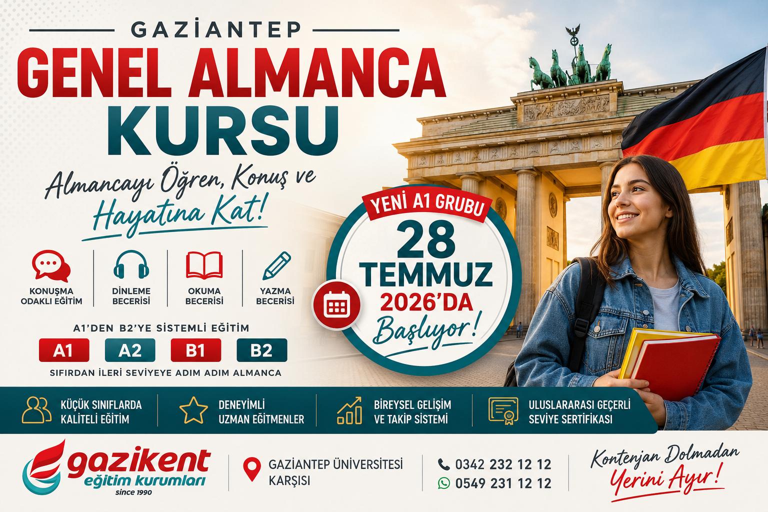 A1’den B2’ye Gaziantep Genel Almanca Kursu: Yeni Dönem 28 Temmuz 2026